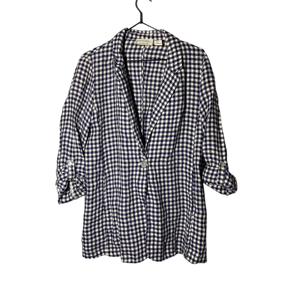 Cynthia Rowley Navy and White Gingham Linen Blazer Boho Coastal Preppy